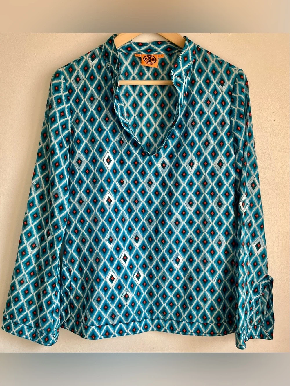 TORY BURCH Diamond-Print Notch V-Neck Tunic Top